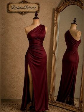 NWT OYS One-Shoulder Satin Maxi Dress – Wine Red | Size Small